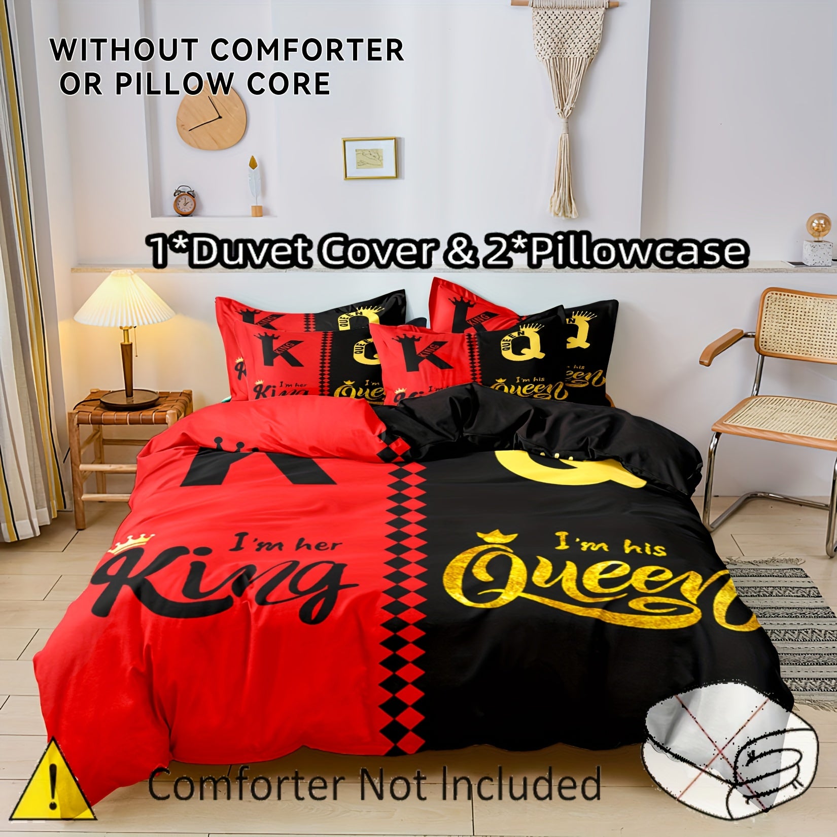 3pcs Valentine'S Day Bedding Set - Black & Red King & Queen Theme, Super Soft 100% Polyester, Digitally Printed With Golden Crown, Includes 1 Duvet Cover And 2 Pillowcases, No Filling - Perfect For Couples, Bedroom And Guest Room Decor