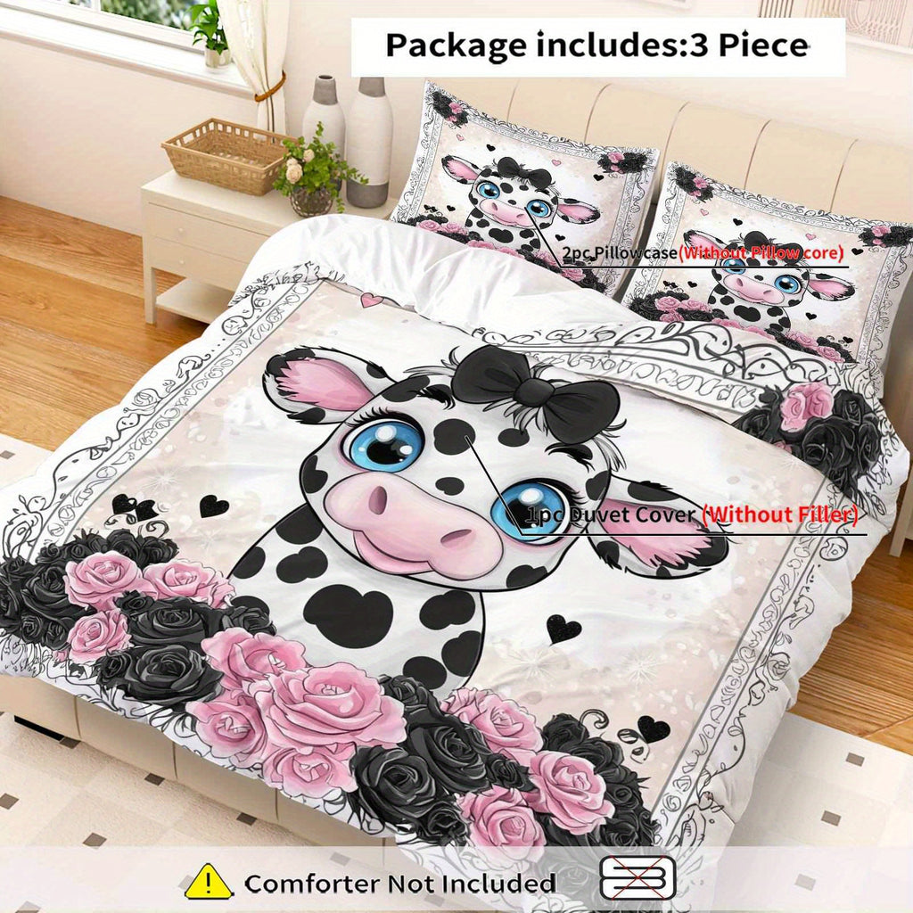 3pcs Duvet Cover Set, 1 Duvet+2 Pillowcases(Without filler), Pink Black Rose Cow Pattern theme, Valentine's bedding set, Elegant Romantic Suitable for decoration Bedroom Guestroom Wedding Room Holiday House, Holiday Decoration, Home Styling, Stylish