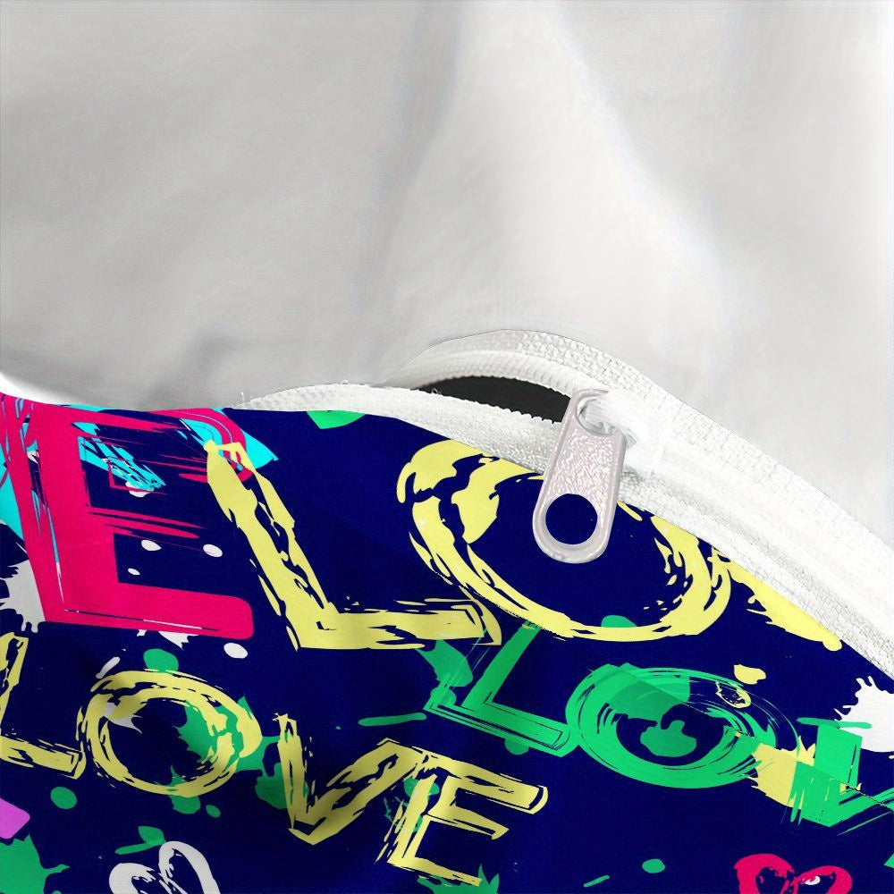 3pcs Modern Love Pattern Bedding Set - Graffiti Design Duvet Cover with Pillowcases, Navy Blue & Multicolor Love Lettering, Soft Microfiber All-Season Bedding for Teen Room Decor, 1 Duvet Cover + 2 Pillowcases, Machine Washable Zipper Closure, Digital