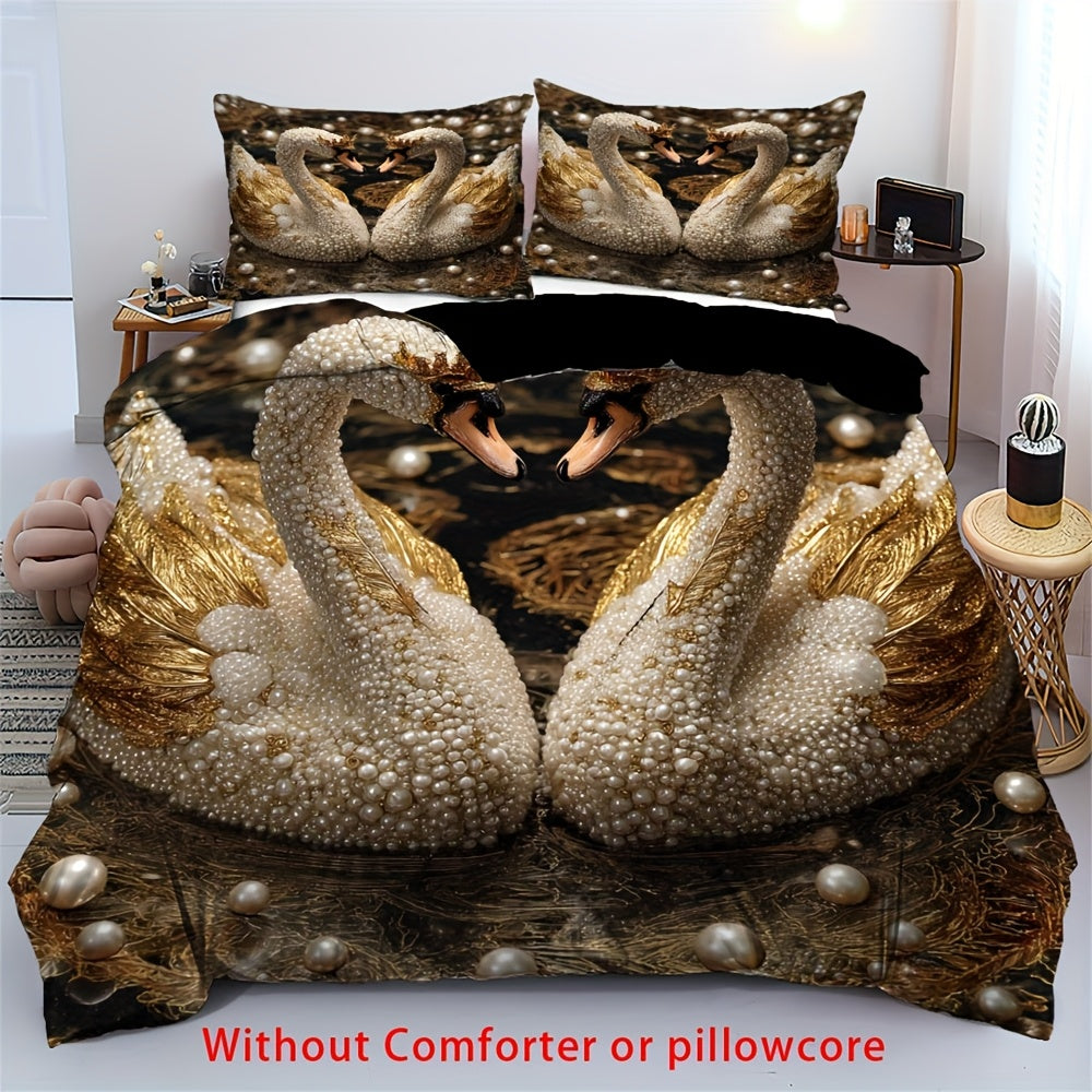 2/3pcs Crown Swan Duvet Cover Set, (1 Duvet Cover + 1/2 Pillowcase, Without Core) Romantic Pearl Swan Print Soft Comfortable Bedding Set for couples, for All Season, Bedroom Dorm Room Family Gift