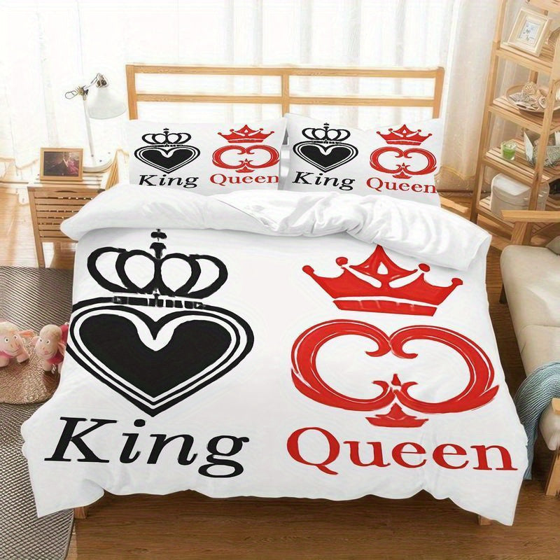 3pcs King Queen Crown Couple Bedding Set White Black Red Royal Pattern Duvet Cover Pillowcase, Romantic Wedding Anniversary Gift Soft Microfiber Sheet Modern Home Bedroom Decoration (1 Duvet Cover + 2 Pillowcases)