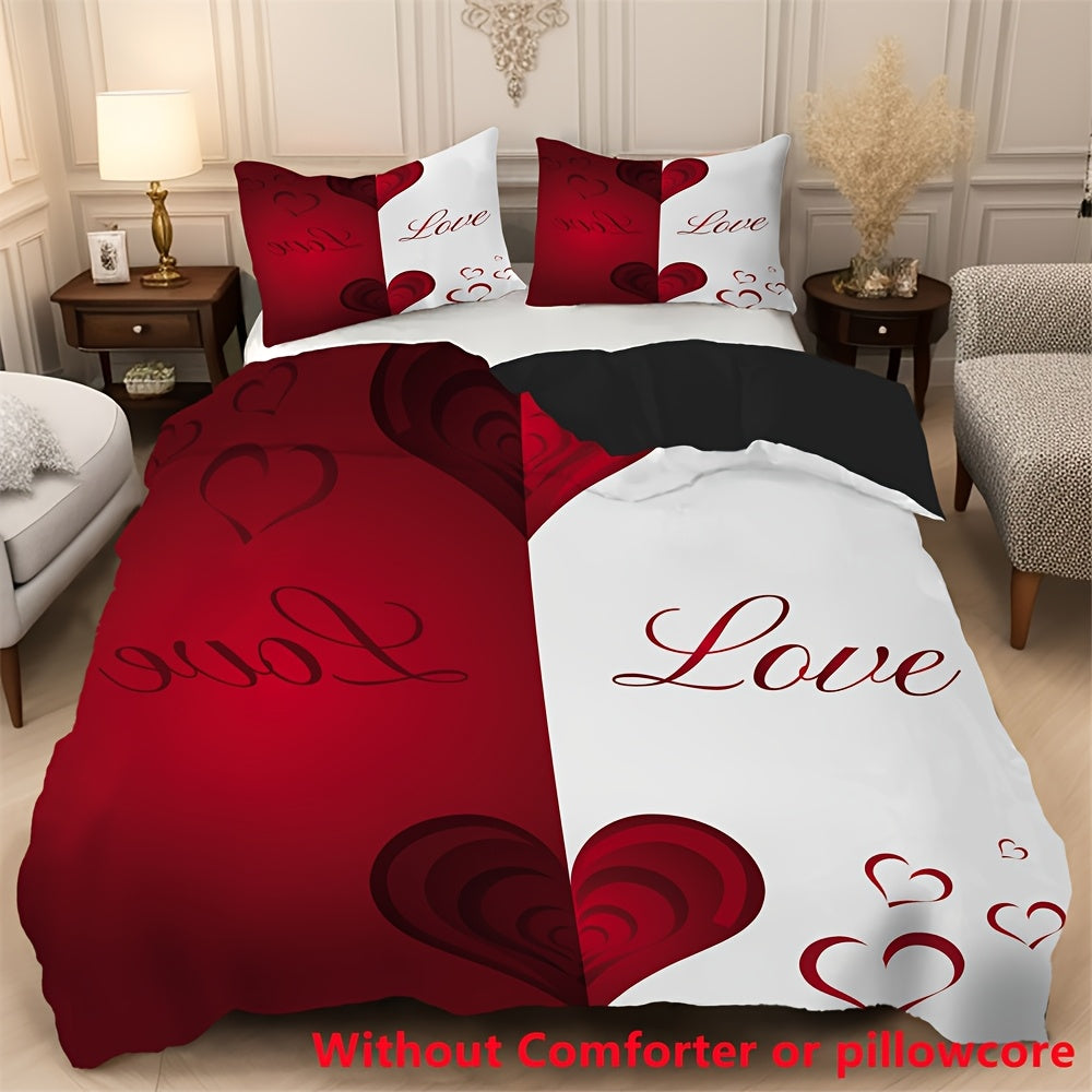 2/3pcs Red and White Heart Print Duvet Cover Set (1 Duvet Cover + 1/2 Pillowcase, Without Core), Couple Valentine'S Day Romantic Heart Soft Comfortable Duvet Cover, For Bedroom, Guest Room Home Decoration