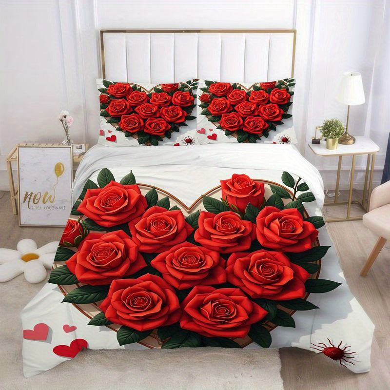 3pcs Red Rose Heart Pattern Bedding Romantic Floral Design, Modern Love Theme Duvet Cover with Pillowcases, Soft Microfiber Fabric for Master Bedroom Home Decor, Valentine's Day Wedding Gift 1 Duvet Cover+2 Pillowcases, Home Decoration, Bedroom Decor,