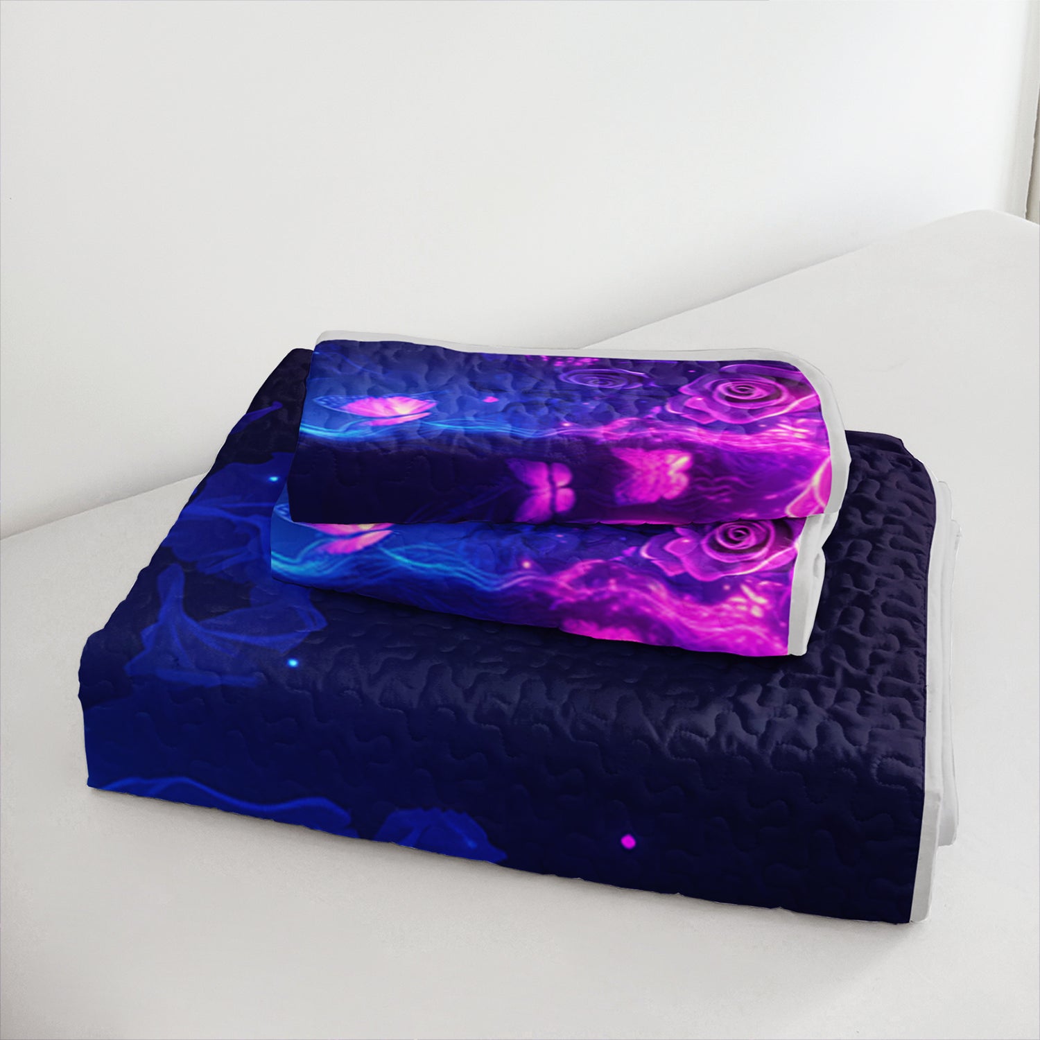 3pcs Romantic Skeleton Couple Rose Butterfly Bed Cover Set - Neon Glowing Roses Quilt, Bohemian Bedroom Decor, Four Seasons, 1 Quilt + 2 Pillowcases, Polyester, Machine Washable, Digital Print, 250-300gsm, Bedroom Decor And Accessories