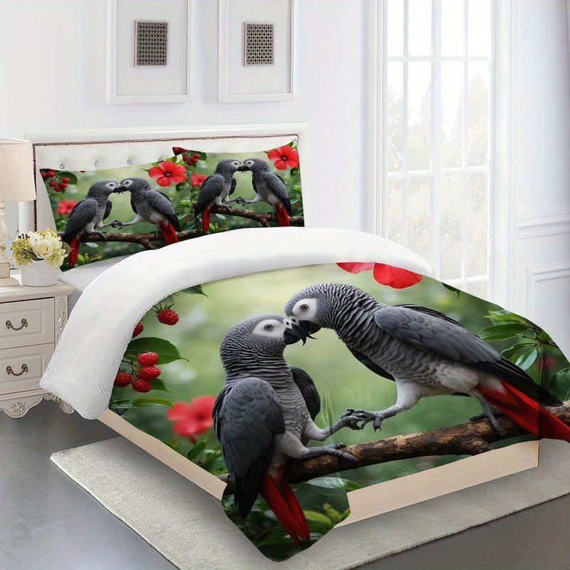 3pcs African Grey Parrot Duvet Cover, Tropical Hibiscus Flower Design Bedding, Romantic Couples Love Birds Print, Soft Brushed Microfiber for Bedroom Guest Room Home Decor 1 Duvet Cover+2 Pillowcases, King Size Duvet Cover, Duvet Cover Set, Bedding