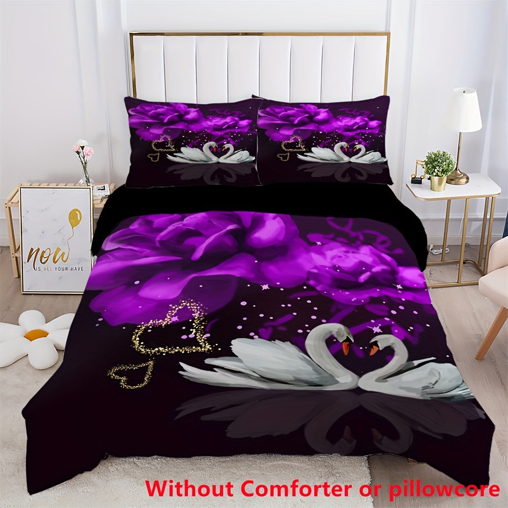2/3pcs Couple Love Swan Purple Flower Print Duvet Cover Set (1 Duvet Cover + 1/2 Pillowcase, Without Core), Fashion Romantic Valentine's Day Bedding Set, for Bedroom, Dorm, Guest Room Home Decor