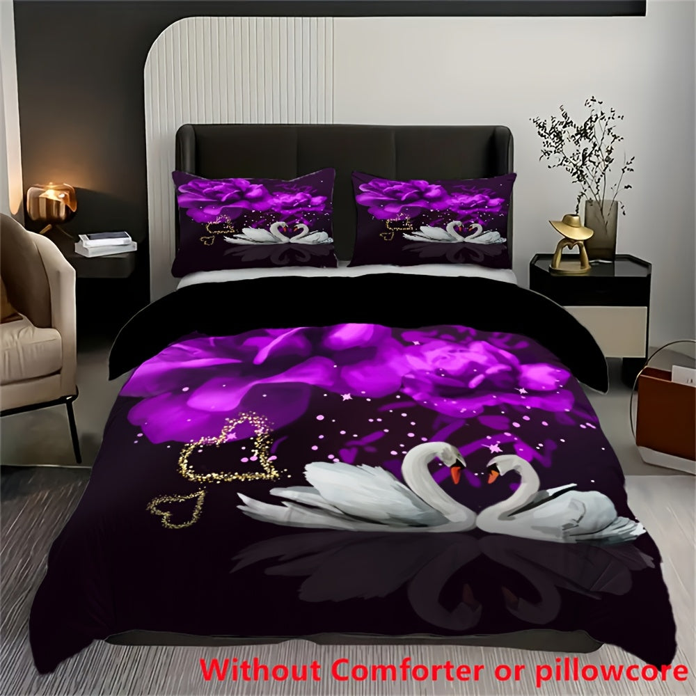2/3pcs Couple Love Swan Purple Flower Print Duvet Cover Set (1 Duvet Cover + 1/2 Pillowcase, Without Core), Fashion Romantic Valentine's Day Bedding Set, for Bedroom, Dorm, Guest Room Home Decor