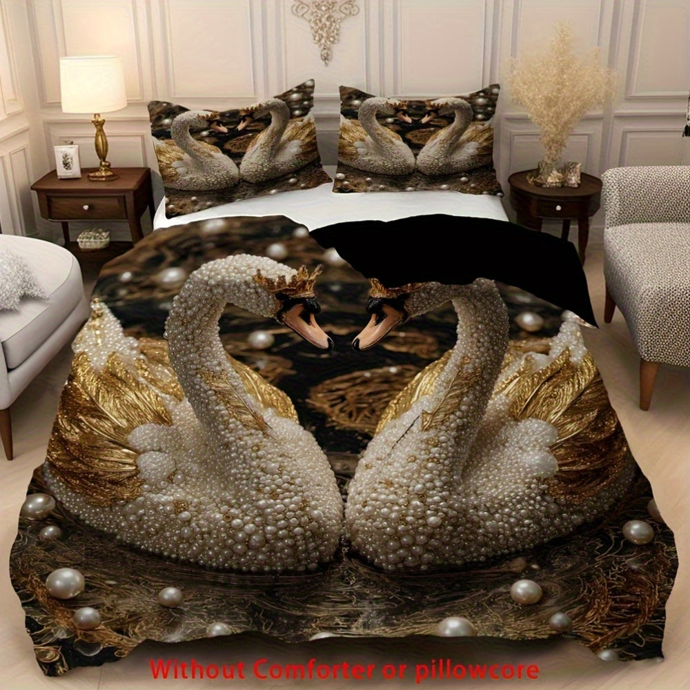 2/3pcs Crown Swan Duvet Cover Set, (1 Duvet Cover + 1/2 Pillowcase, Without Core) Romantic Pearl Swan Print Soft Comfortable Bedding Set for couples, for All Season, Bedroom Dorm Room Family Gift