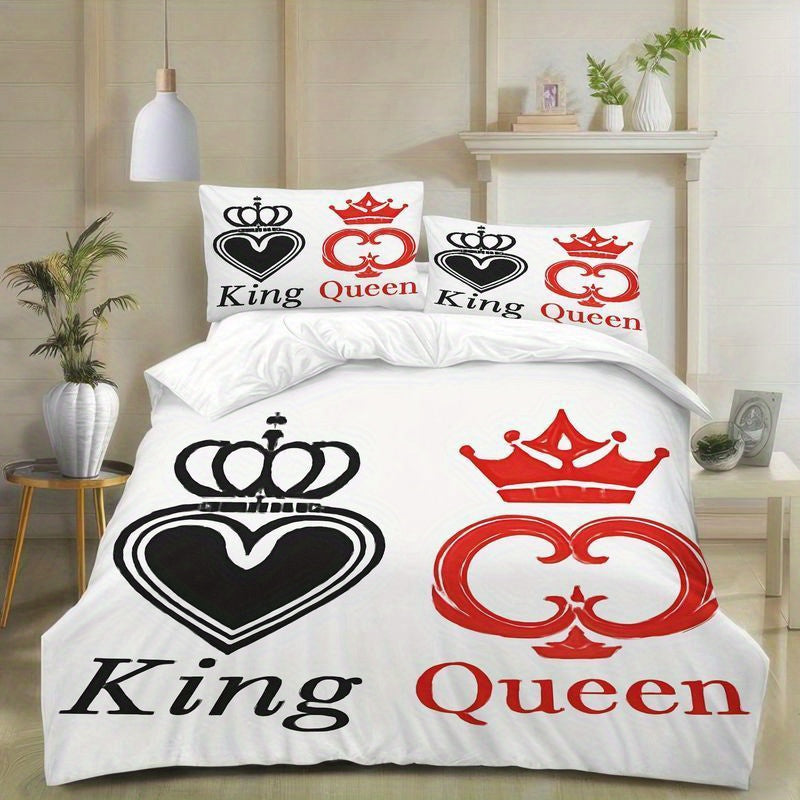 3pcs King Queen Crown Couple Bedding Set White Black Red Royal Pattern Duvet Cover Pillowcase, Romantic Wedding Anniversary Gift Soft Microfiber Sheet Modern Home Bedroom Decoration (1 Duvet Cover + 2 Pillowcases)