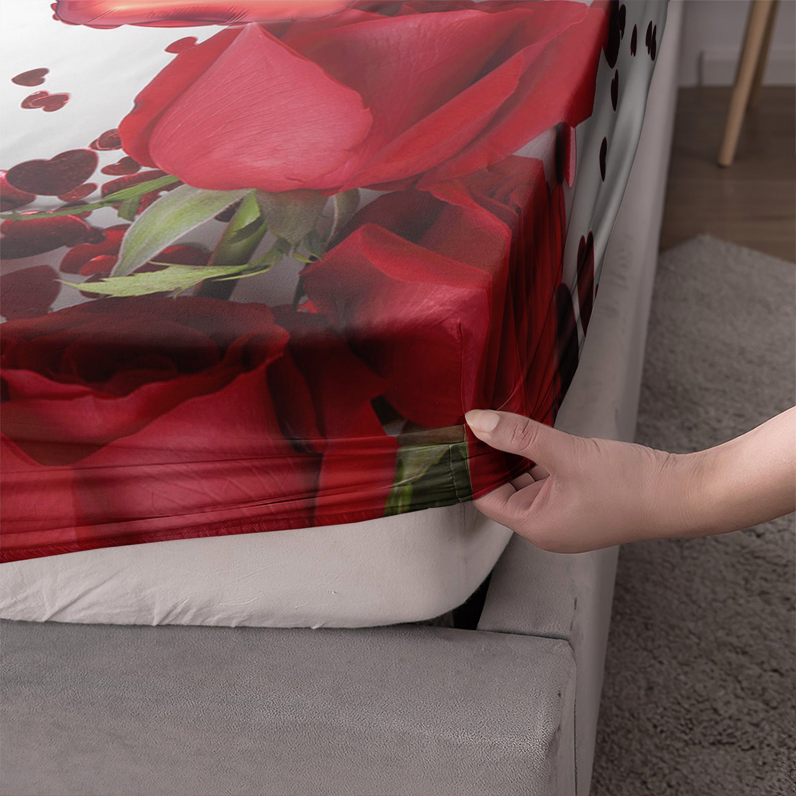 3pcs Romantic Rose Love Balloons Fitted Sheets Valentine's Day Bedding Set Couple Bedroom Decor Four Seasons (1Fitted Sheets + 2Pillowcases NO Flat Sheet)