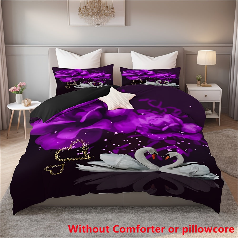 2/3pcs Couple Love Swan Purple Flower Print Duvet Cover Set (1 Duvet Cover + 1/2 Pillowcase, Without Core), Fashion Romantic Valentine's Day Bedding Set, for Bedroom, Dorm, Guest Room Home Decor