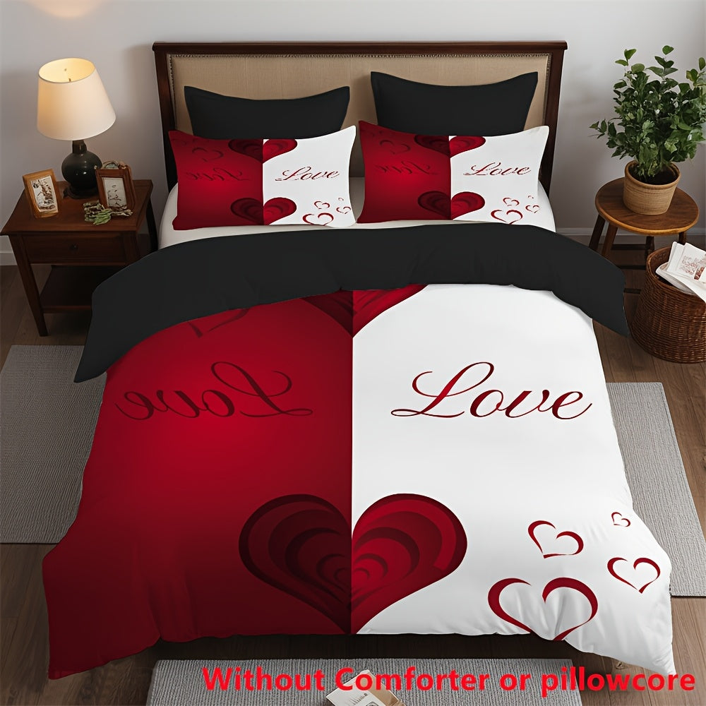 2/3pcs Red and White Heart Print Duvet Cover Set (1 Duvet Cover + 1/2 Pillowcase, Without Core), Couple Valentine'S Day Romantic Heart Soft Comfortable Duvet Cover, For Bedroom, Guest Room Home Decoration