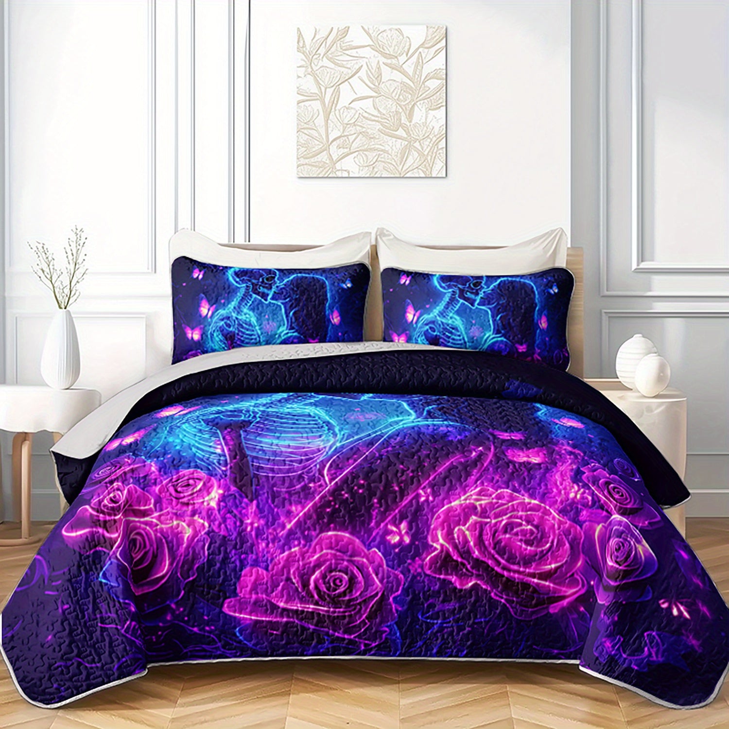 3pcs Romantic Skeleton Couple Rose Butterfly Bed Cover Set - Neon Glowing Roses Quilt, Bohemian Bedroom Decor, Four Seasons, 1 Quilt + 2 Pillowcases, Polyester, Machine Washable, Digital Print, 250-300gsm, Bedroom Decor And Accessories