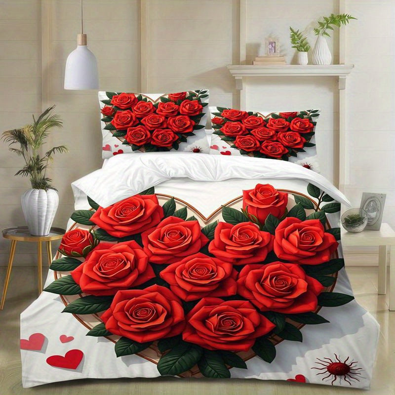 3pcs Red Rose Heart Pattern Bedding Romantic Floral Design, Modern Love Theme Duvet Cover with Pillowcases, Soft Microfiber Fabric for Master Bedroom Home Decor, Valentine's Day Wedding Gift 1 Duvet Cover+2 Pillowcases, Home Decoration, Bedroom Decor,