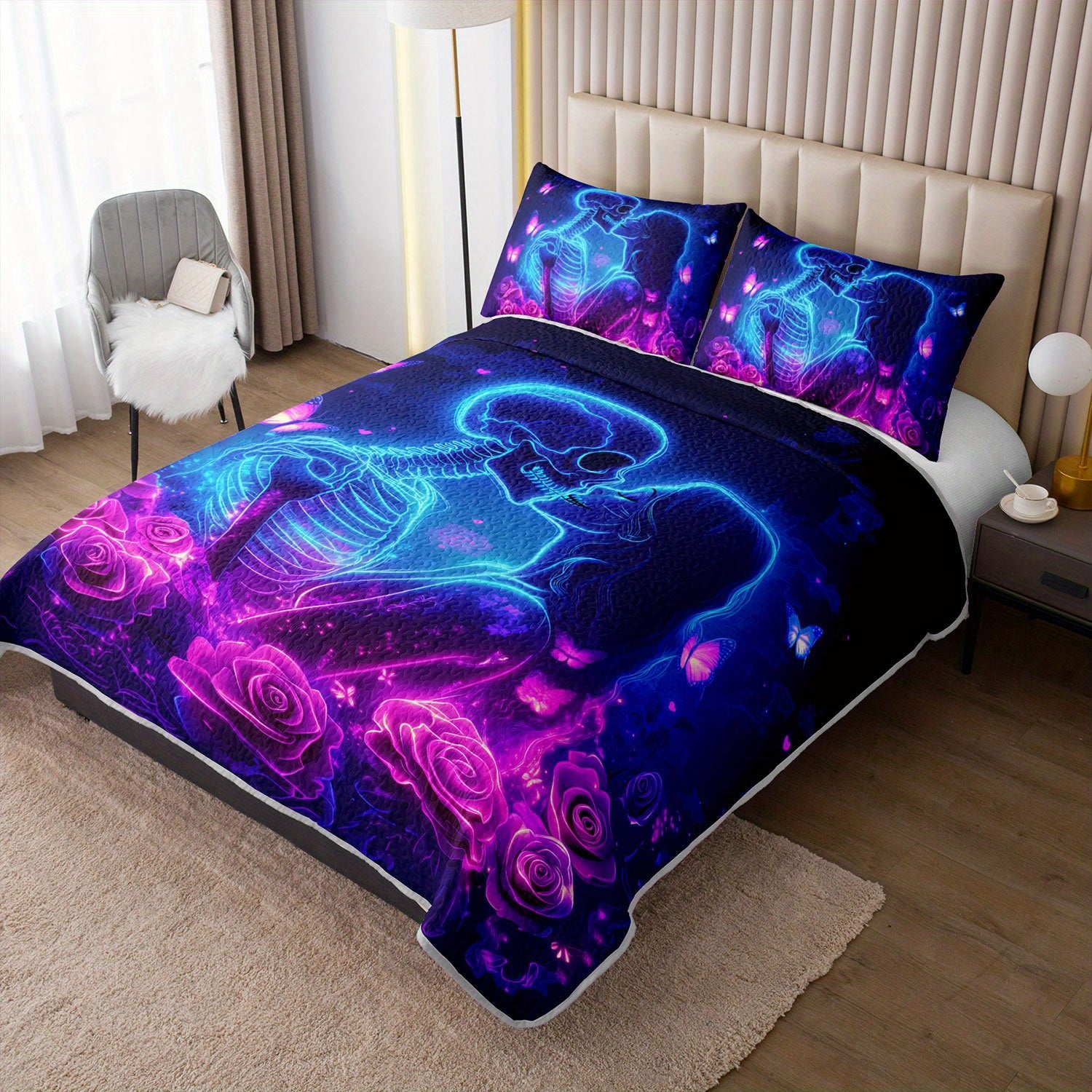 3pcs Romantic Skeleton Couple Rose Butterfly Bed Cover Set - Neon Glowing Roses Quilt, Bohemian Bedroom Decor, Four Seasons, 1 Quilt + 2 Pillowcases, Polyester, Machine Washable, Digital Print, 250-300gsm, Bedroom Decor And Accessories