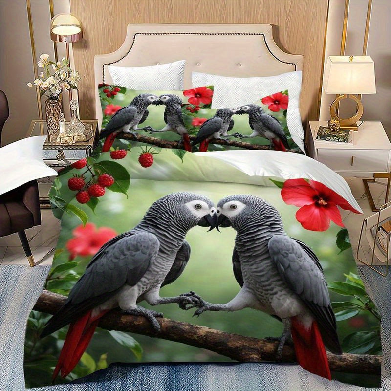 3pcs African Grey Parrot Duvet Cover, Tropical Hibiscus Flower Design Bedding, Romantic Couples Love Birds Print, Soft Brushed Microfiber for Bedroom Guest Room Home Decor 1 Duvet Cover+2 Pillowcases, King Size Duvet Cover, Duvet Cover Set, Bedding