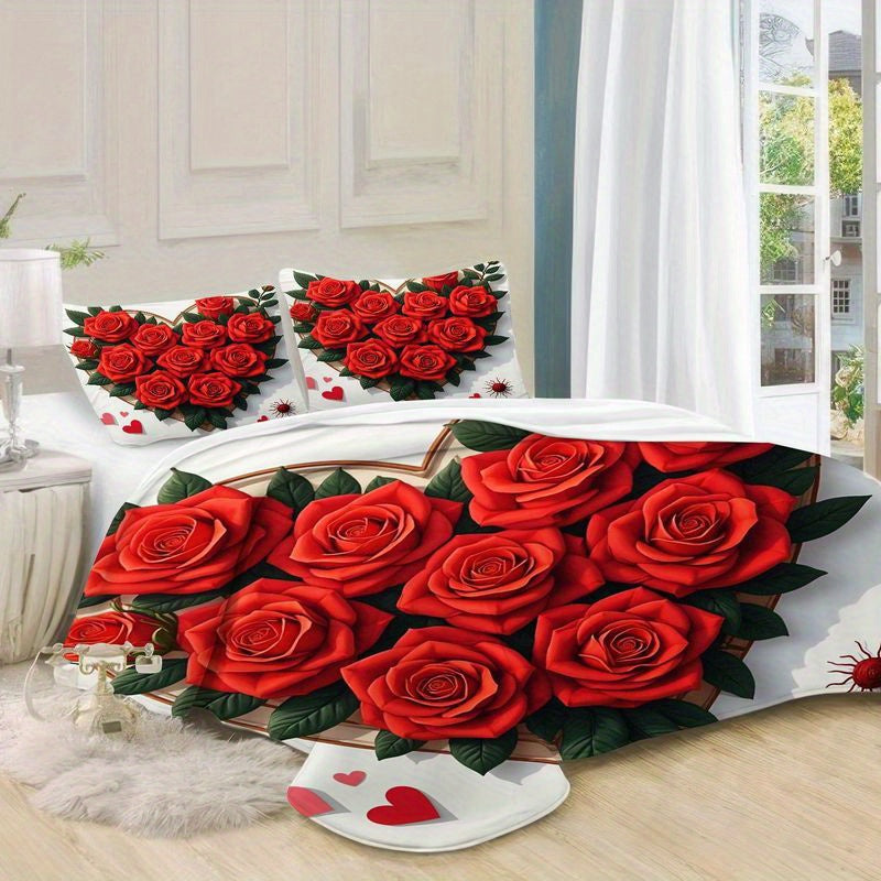 3pcs Red Rose Heart Pattern Bedding Romantic Floral Design, Modern Love Theme Duvet Cover with Pillowcases, Soft Microfiber Fabric for Master Bedroom Home Decor, Valentine's Day Wedding Gift 1 Duvet Cover+2 Pillowcases, Home Decoration, Bedroom Decor,