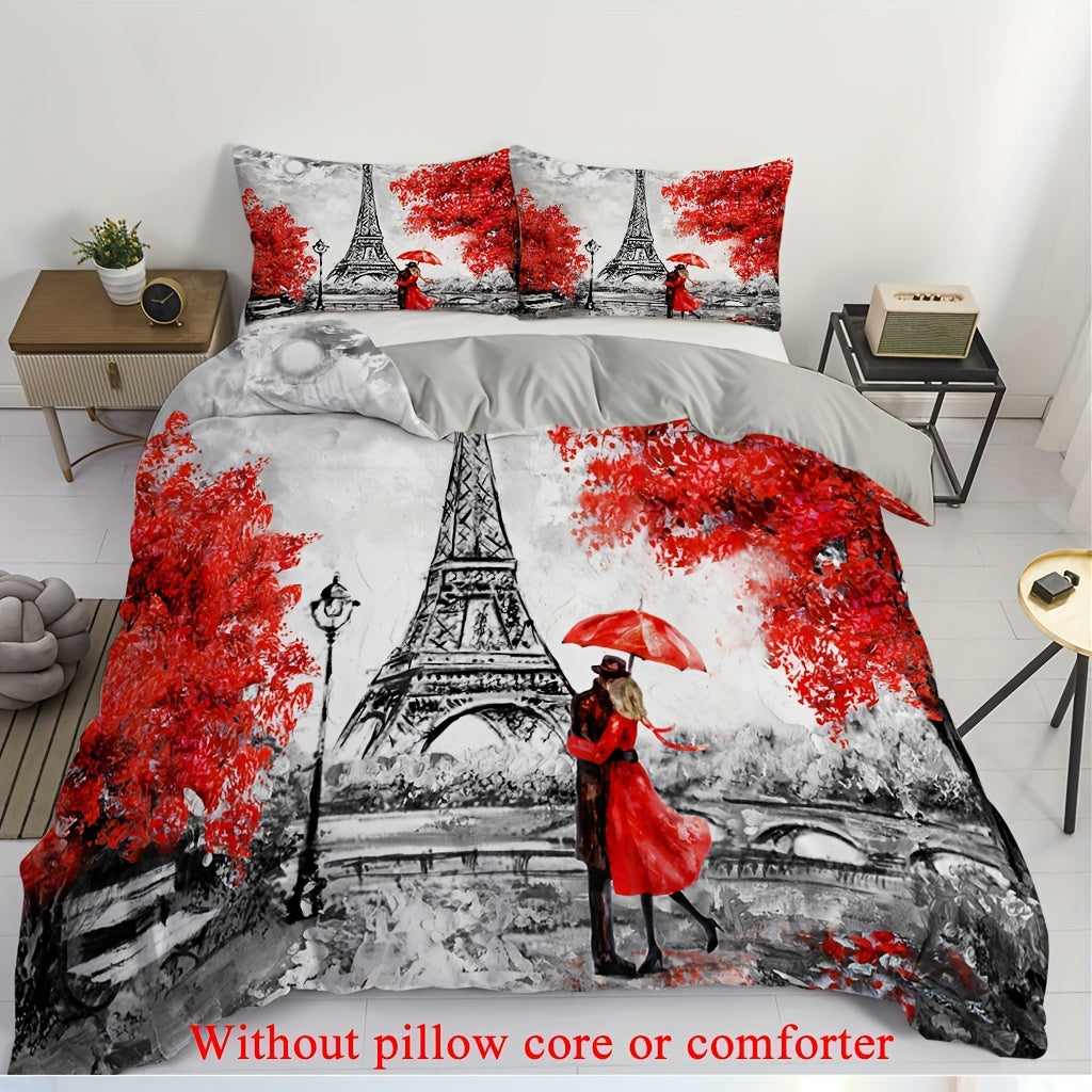 2/3pcs (1 Duvet Cover + 1/2 Pillowcase, Without Core) Red Petals Romantic France Paris Eiffel Tower Valentine'S Day Rainy Romantic Couple Print Soft Comfortable Bedding Set for Bedroom Dorm Room Family Gift