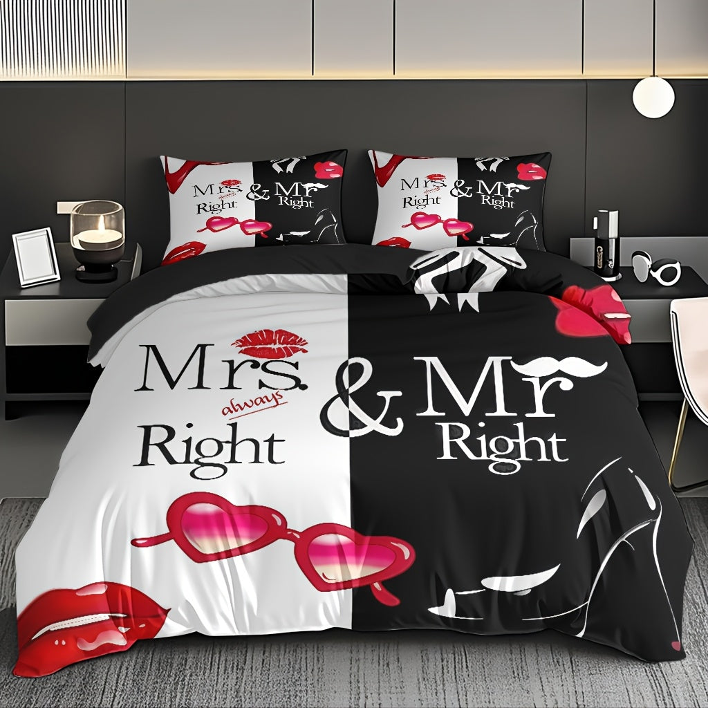 3pcs Comfortable Romantic Couple Themed Duvet Cover Set, Soft High-Definition Digital Print with Black And White Contrast, All-Season, Perfect Gift for Family And Friends, Machine Washable (1 Duvet Cover + 2 Pillowcases, No Filling)