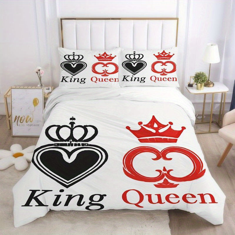 3pcs King Queen Crown Couple Bedding Set White Black Red Royal Pattern Duvet Cover Pillowcase, Romantic Wedding Anniversary Gift Soft Microfiber Sheet Modern Home Bedroom Decoration (1 Duvet Cover + 2 Pillowcases)