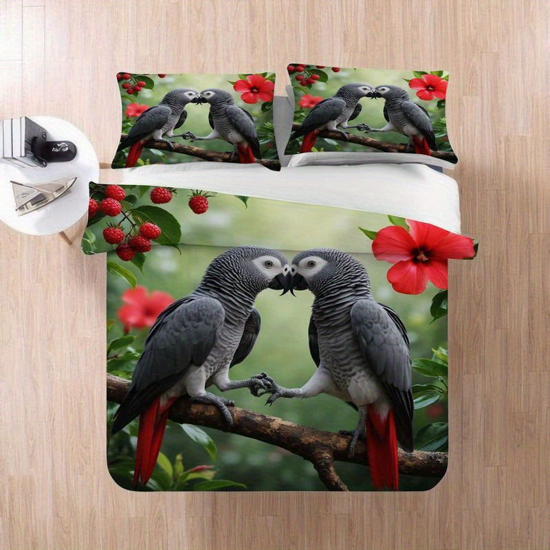 3pcs African Grey Parrot Duvet Cover, Tropical Hibiscus Flower Design Bedding, Romantic Couples Love Birds Print, Soft Brushed Microfiber for Bedroom Guest Room Home Decor 1 Duvet Cover+2 Pillowcases, King Size Duvet Cover, Duvet Cover Set, Bedding