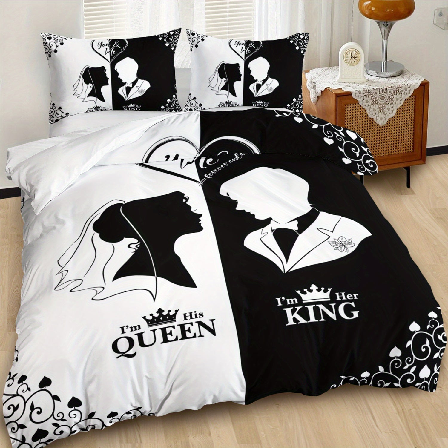 3pcs King Queen Couple 3D Digital Printed Duvet Cover Set Wedding Bedding Set for Four Season Black and White Bedding for Bedroom or Guest Room Decor Polyester Comforter Cover Gift 1 Quilt Cover+2 Pillowcases