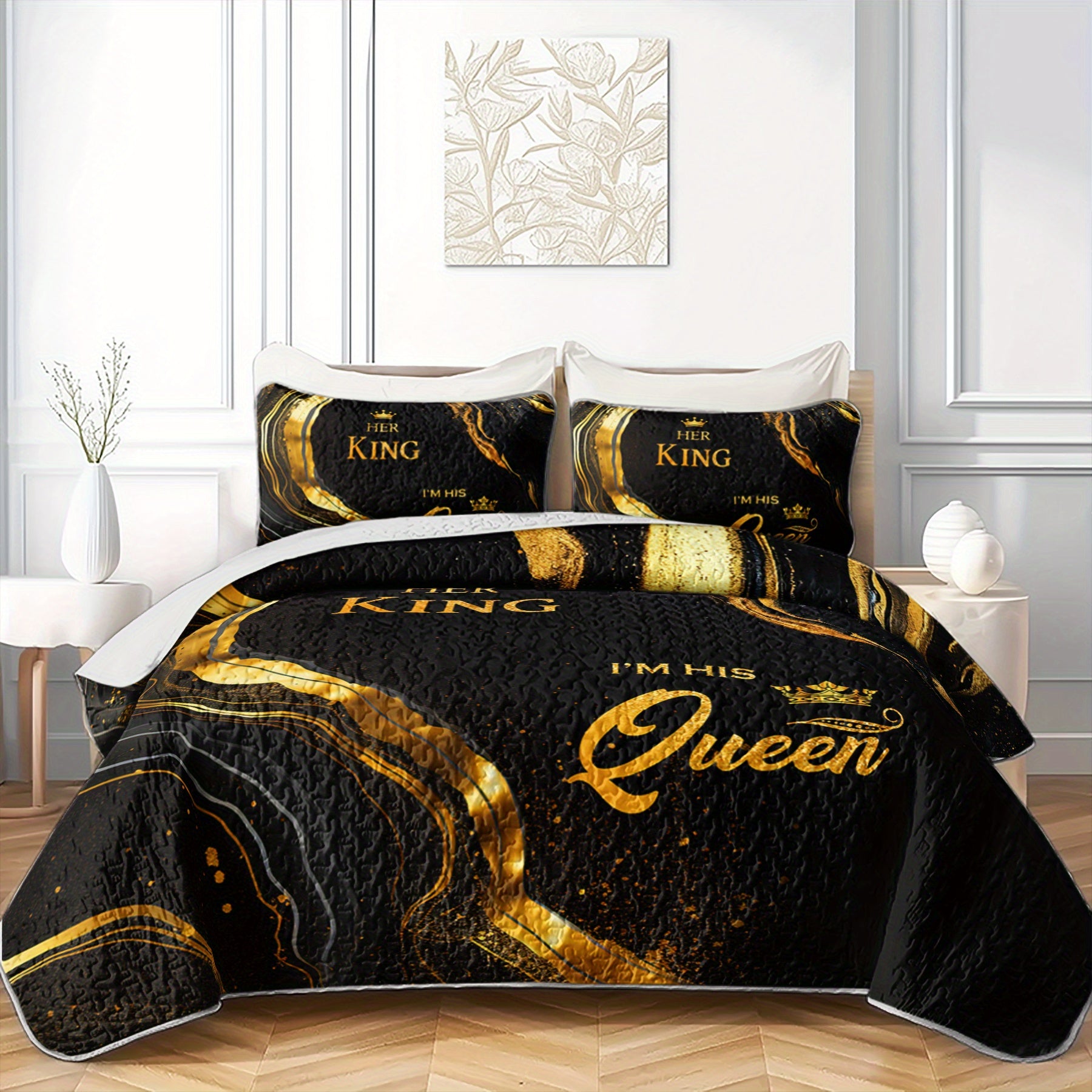 3pcs King Queen Bed cover setLuxury Golden Marble Quilt SetCouple Bedroom Decor Four Seasons (1Quilt+2Pillowcase)