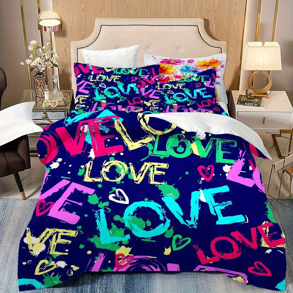 3pcs Modern Love Pattern Bedding Set - Graffiti Design Duvet Cover with Pillowcases, Navy Blue & Multicolor Love Lettering, Soft Microfiber All-Season Bedding for Teen Room Decor, 1 Duvet Cover + 2 Pillowcases, Machine Washable Zipper Closure, Digital