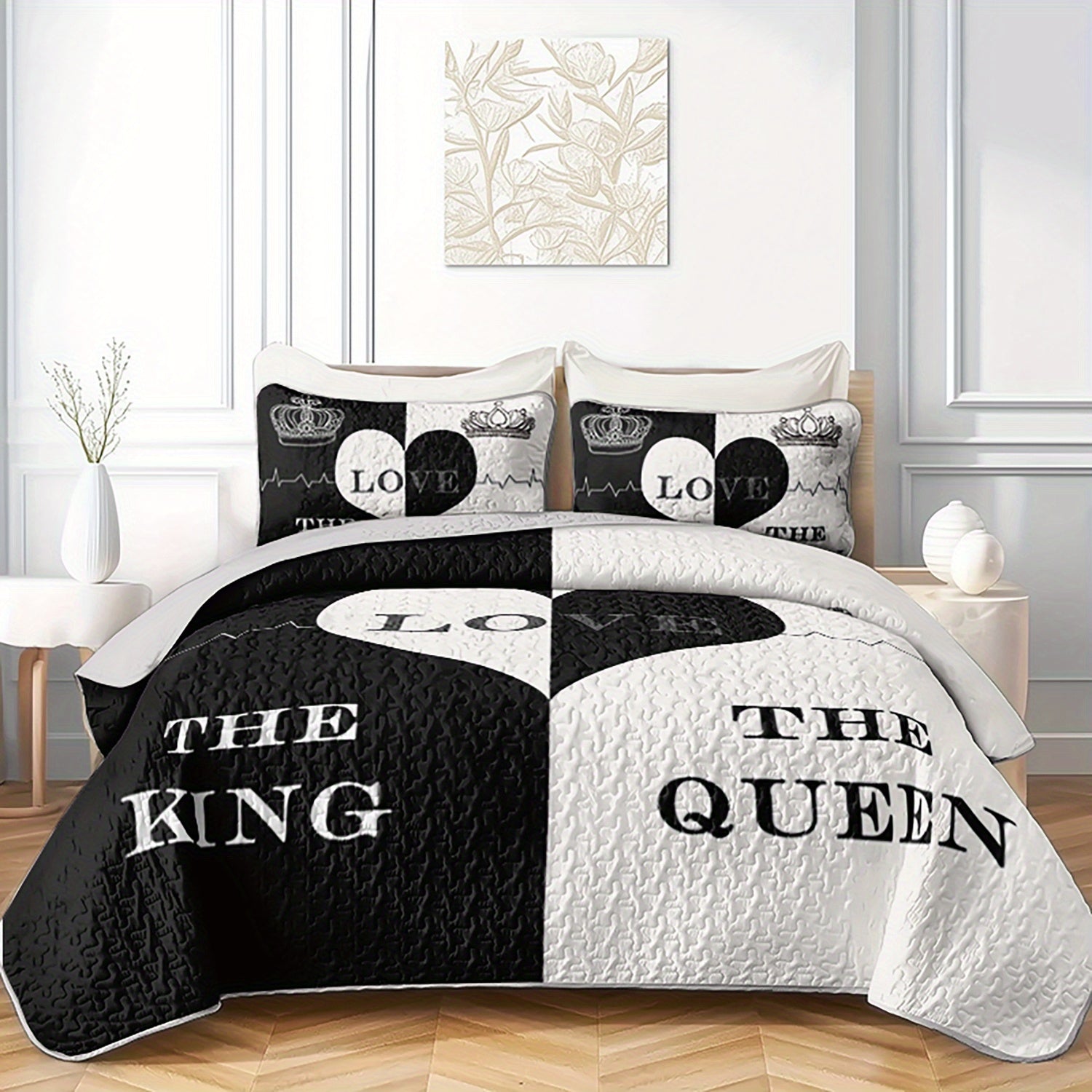King Queen Love Heart Black White Quilted Duvet Set - Romantic King & Queen Lettering with Hearts & Crowns, Soft Microfiber Comforter & Pillowcases, All-Season Luxury Bedding for Couples, Ideal Gift (1 Comforter + 2 Pillowcases)