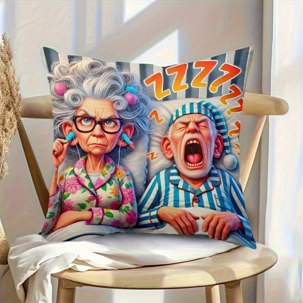 1pc Funny Sleeping Couple Pillowcase - Large 17.7x17.7in (44x44cm) - Zip Closure Cushion Case for Bed, Sofa, Car - Machine Washable Polyester Decor - Funny Housewarming Wedding Gift for Couples - Dorm Living Room Decoration, Humorous Design, Easy