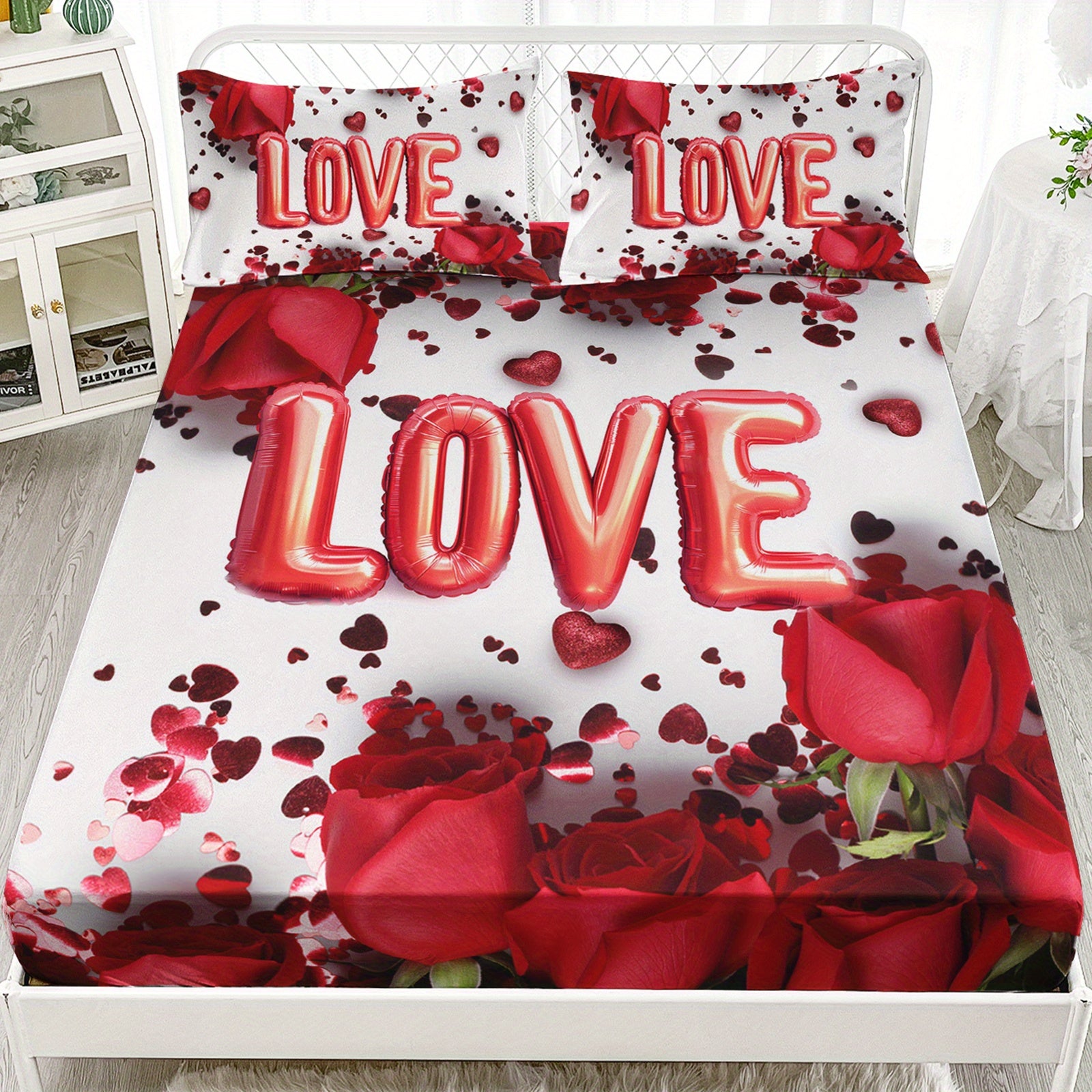 3pcs Romantic Rose Love Balloons Fitted Sheets Valentine's Day Bedding Set Couple Bedroom Decor Four Seasons (1Fitted Sheets + 2Pillowcases NO Flat Sheet)