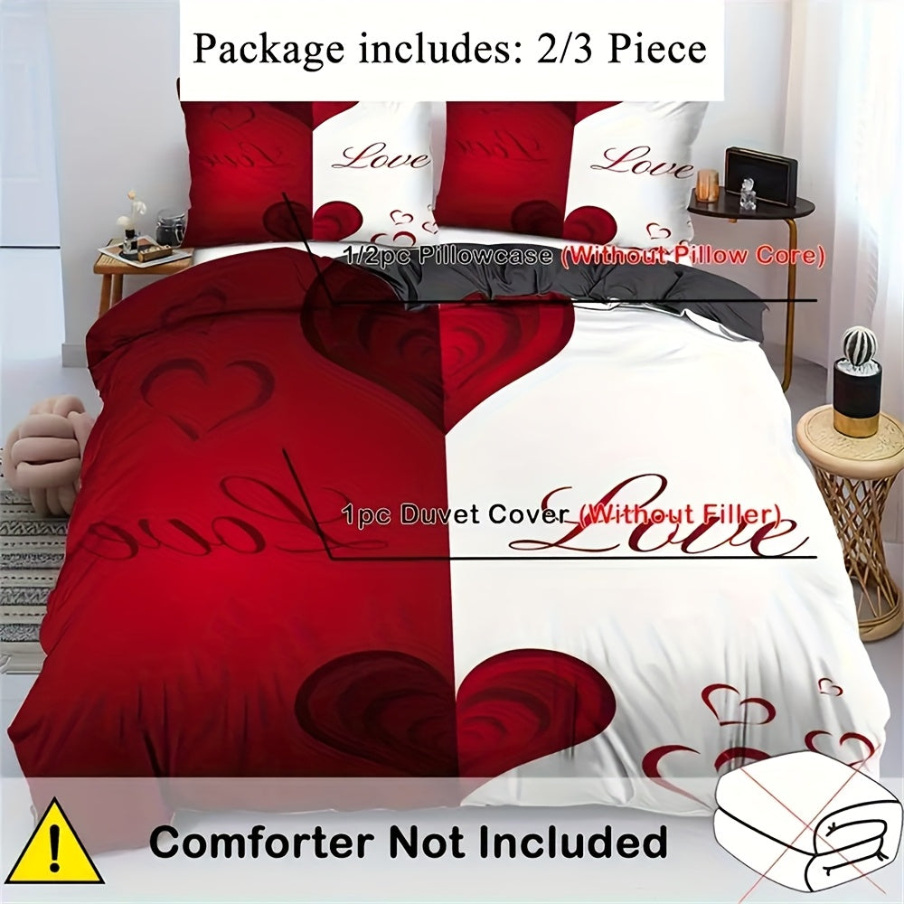 2/3pcs Red and White Heart Print Duvet Cover Set (1 Duvet Cover + 1/2 Pillowcase, Without Core), Couple Valentine'S Day Romantic Heart Soft Comfortable Duvet Cover, For Bedroom, Guest Room Home Decoration