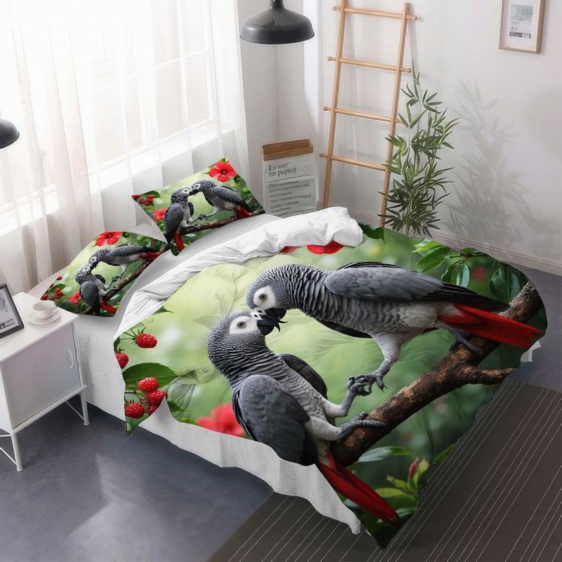 3pcs African Grey Parrot Duvet Cover, Tropical Hibiscus Flower Design Bedding, Romantic Couples Love Birds Print, Soft Brushed Microfiber for Bedroom Guest Room Home Decor 1 Duvet Cover+2 Pillowcases, King Size Duvet Cover, Duvet Cover Set, Bedding
