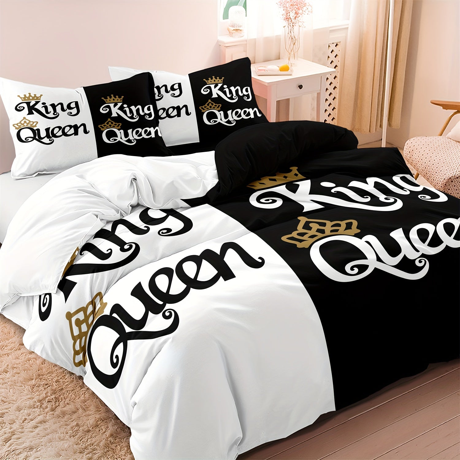 Black And White Bedding Set with Queen & King Letter Pattern Printed on The Duvet Cover And Pillowcases.
