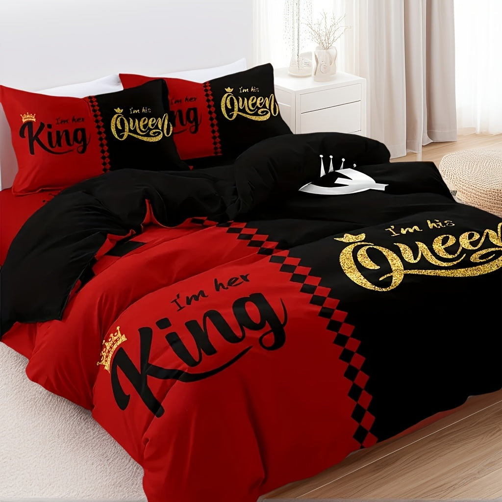 3pcs Valentine'S Day Bedding Set - Black & Red King & Queen Theme, Super Soft 100% Polyester, Digitally Printed With Golden Crown, Includes 1 Duvet Cover And 2 Pillowcases, No Filling - Perfect For Couples, Bedroom And Guest Room Decor