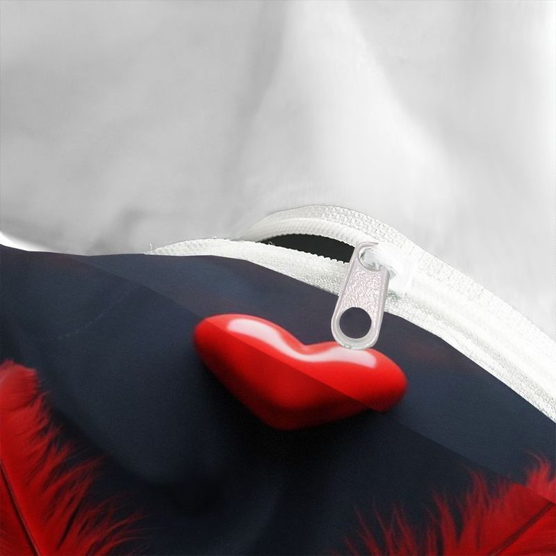3pcs Romantic Red Feather Heart Print Bedding Set, Modern Couple Theme Duvet Cover Soft Microfiber Bedroom Set Black Background Valentine'S Day Design Main Bedroom Guest Room Home Bedding Set 1 Duvet Cover + 2 Pillowcases
