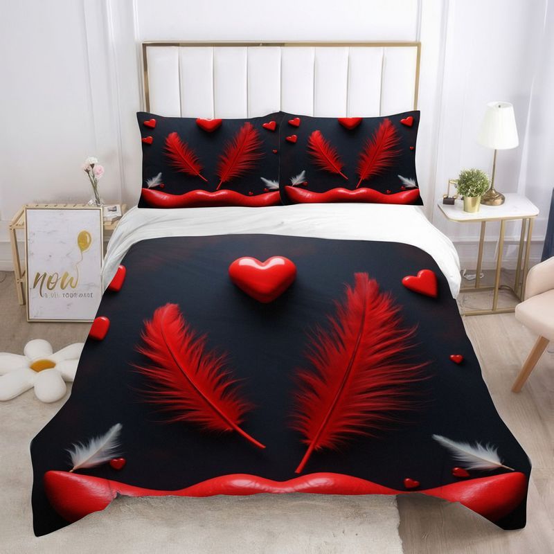 3pcs Romantic Red Feather Heart Print Bedding Set, Modern Couple Theme Duvet Cover Soft Microfiber Bedroom Set Black Background Valentine'S Day Design Main Bedroom Guest Room Home Bedding Set 1 Duvet Cover + 2 Pillowcases