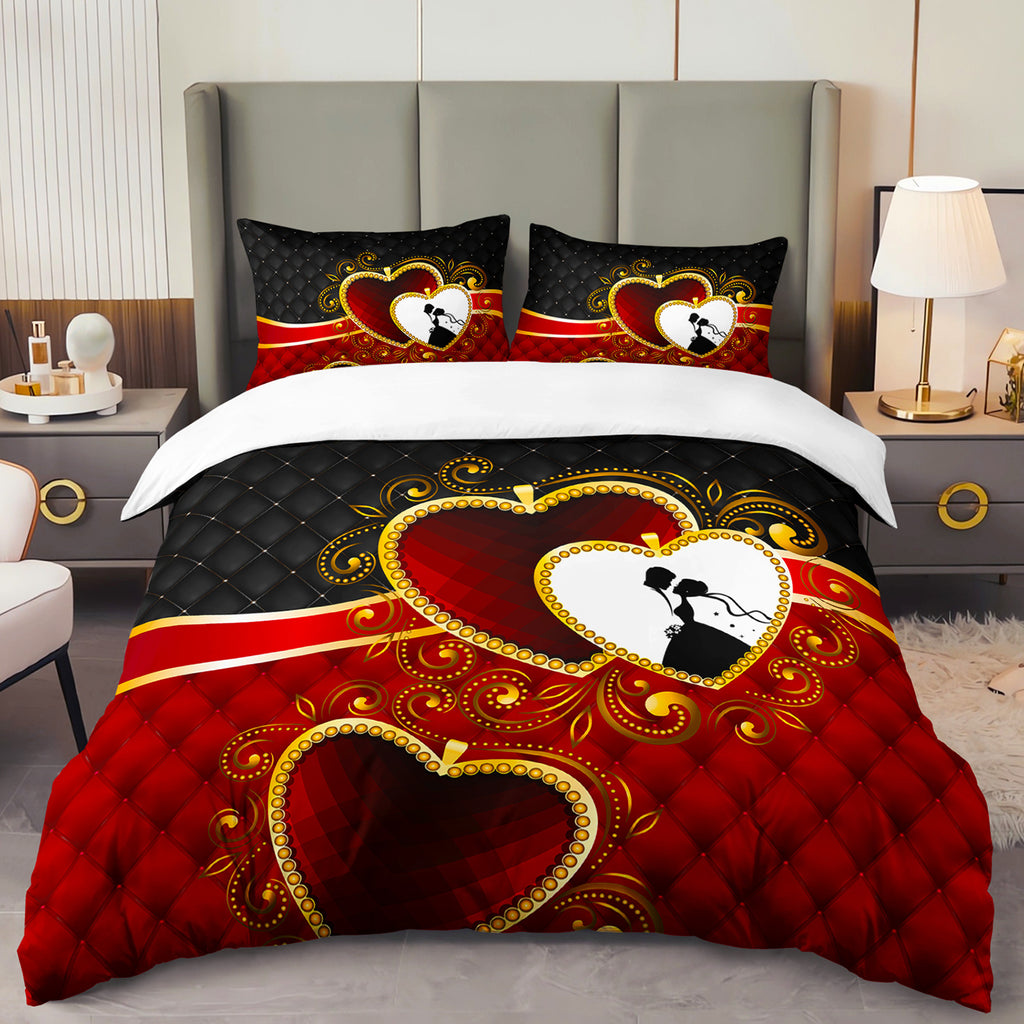 3pcs Romantic Couple Hearts 3D Digital Printed Duvet Cover Set Wedding Bedding Set for Four Season Red Bedding for Bedroom or Guest Room Decor Polyester Comforter Cover Gift 1 Quilt Cover+2 Pillowcases