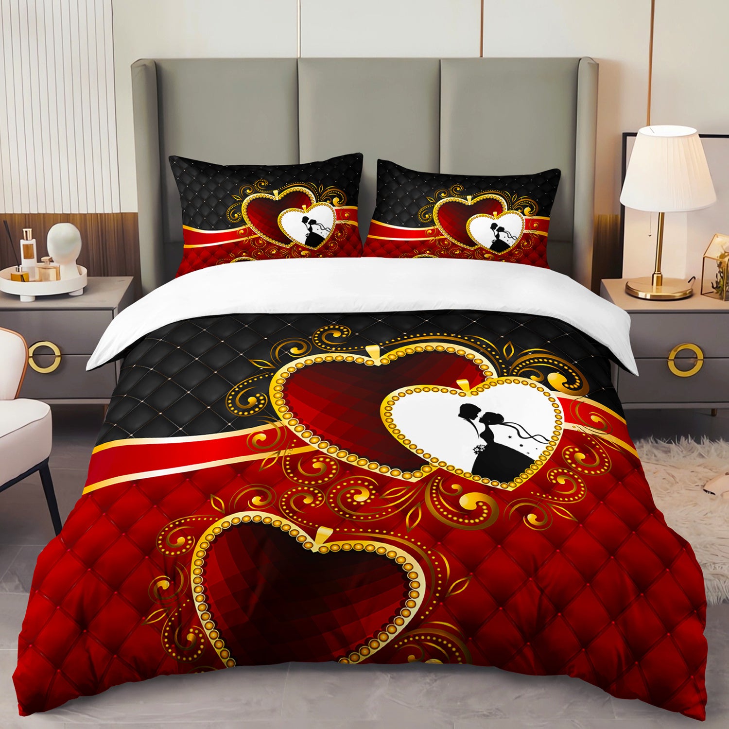 3pcs Romantic Couple Hearts 3D Digital Printed Duvet Cover Set Wedding Bedding Set for Four Season Red Bedding for Bedroom or Guest Room Decor Polyester Comforter Cover Gift 1 Quilt Cover+2 Pillowcases