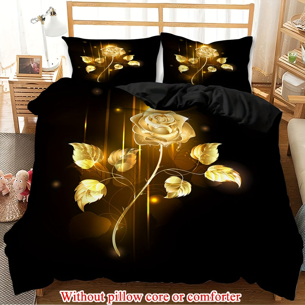 2/3pcs (1 Duvet Cover + 1/2 Pillowcase, Without Core) Golden Rose Flowers Romantic Valentine's Day Branch Flower Garden Couple Print Soft Comfortable Bedding Set for Bedroom Dorm Room Family Gift