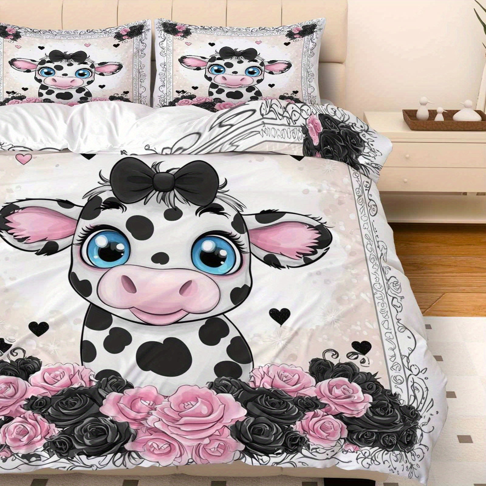 3pcs Duvet Cover Set, 1 Duvet+2 Pillowcases(Without filler), Pink Black Rose Cow Pattern theme, Valentine's bedding set, Elegant Romantic Suitable for decoration Bedroom Guestroom Wedding Room Holiday House, Holiday Decoration, Home Styling, Stylish