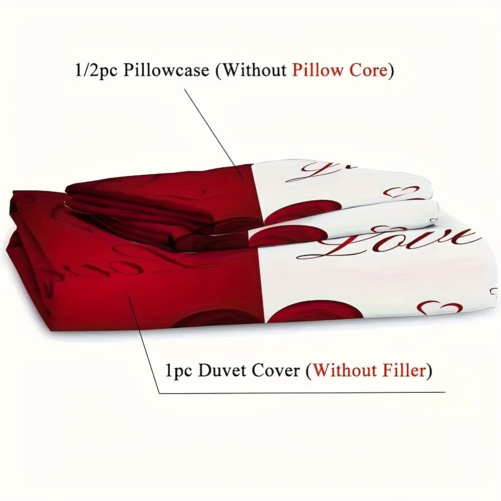 2/3pcs Red and White Heart Print Duvet Cover Set (1 Duvet Cover + 1/2 Pillowcase, Without Core), Couple Valentine'S Day Romantic Heart Soft Comfortable Duvet Cover, For Bedroom, Guest Room Home Decoration