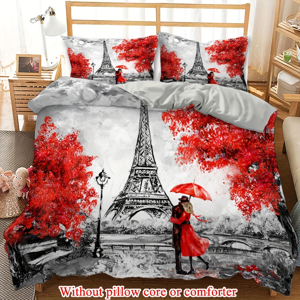 2/3pcs (1 Duvet Cover + 1/2 Pillowcase, Without Core) Red Petals Romantic France Paris Eiffel Tower Valentine'S Day Rainy Romantic Couple Print Soft Comfortable Bedding Set for Bedroom Dorm Room Family Gift