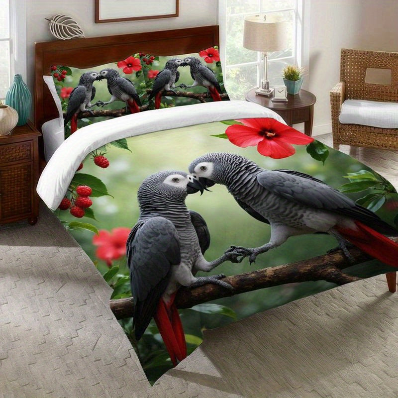 3pcs African Grey Parrot Duvet Cover, Tropical Hibiscus Flower Design Bedding, Romantic Couples Love Birds Print, Soft Brushed Microfiber for Bedroom Guest Room Home Decor 1 Duvet Cover+2 Pillowcases, King Size Duvet Cover, Duvet Cover Set, Bedding