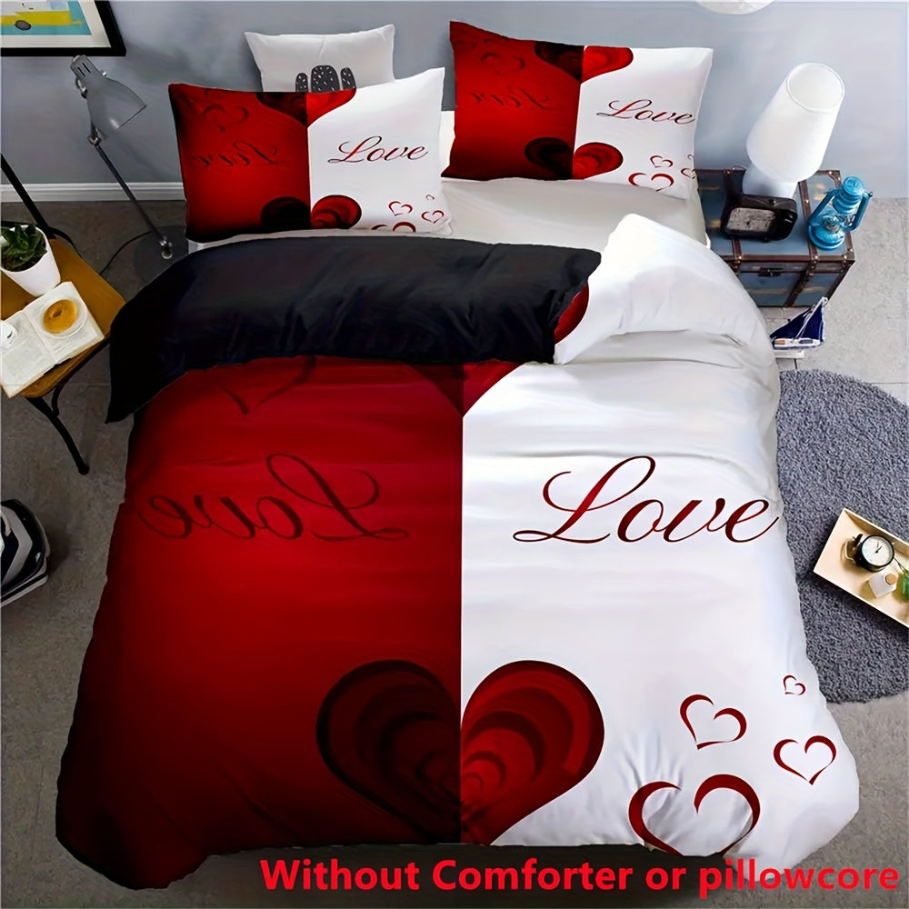 2/3pcs Red and White Heart Print Duvet Cover Set (1 Duvet Cover + 1/2 Pillowcase, Without Core), Couple Valentine'S Day Romantic Heart Soft Comfortable Duvet Cover, For Bedroom, Guest Room Home Decoration