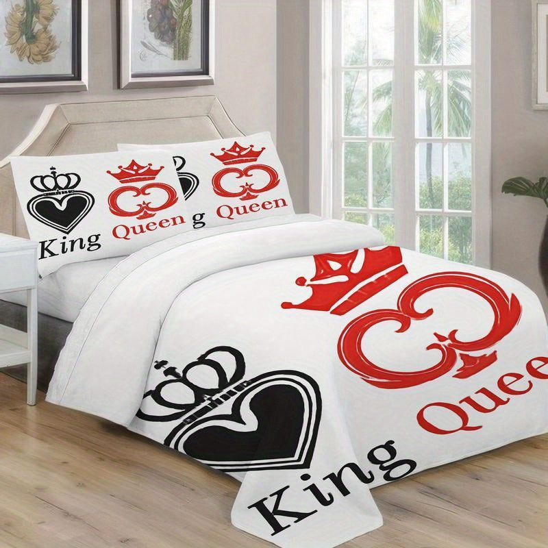 3pcs King Queen Crown Couple Bedding Set White Black Red Royal Pattern Duvet Cover Pillowcase, Romantic Wedding Anniversary Gift Soft Microfiber Sheet Modern Home Bedroom Decoration (1 Duvet Cover + 2 Pillowcases)