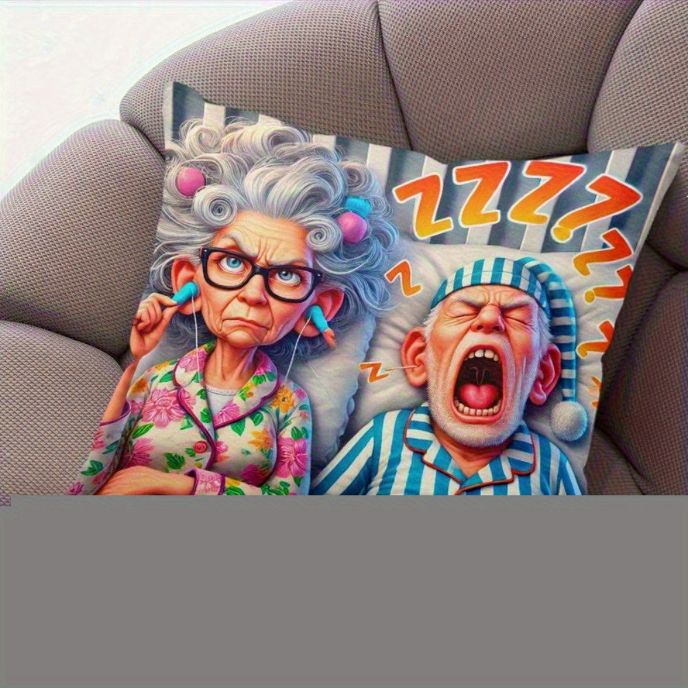 1pc Funny Sleeping Couple Pillowcase - Large 17.7x17.7in (44x44cm) - Zip Closure Cushion Case for Bed, Sofa, Car - Machine Washable Polyester Decor - Funny Housewarming Wedding Gift for Couples - Dorm Living Room Decoration, Humorous Design, Easy