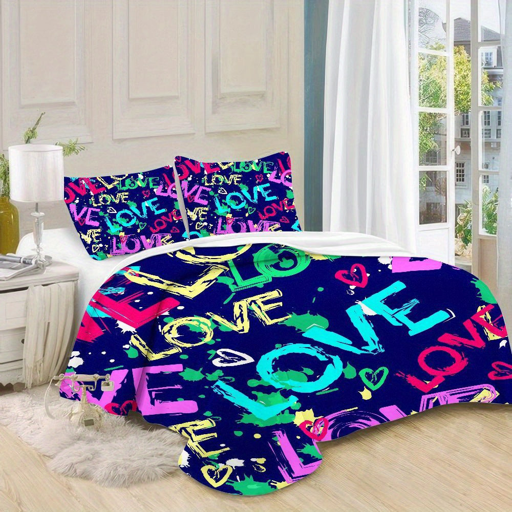 3pcs Modern Love Pattern Bedding Set - Graffiti Design Duvet Cover with Pillowcases, Navy Blue & Multicolor Love Lettering, Soft Microfiber All-Season Bedding for Teen Room Decor, 1 Duvet Cover + 2 Pillowcases, Machine Washable Zipper Closure, Digital