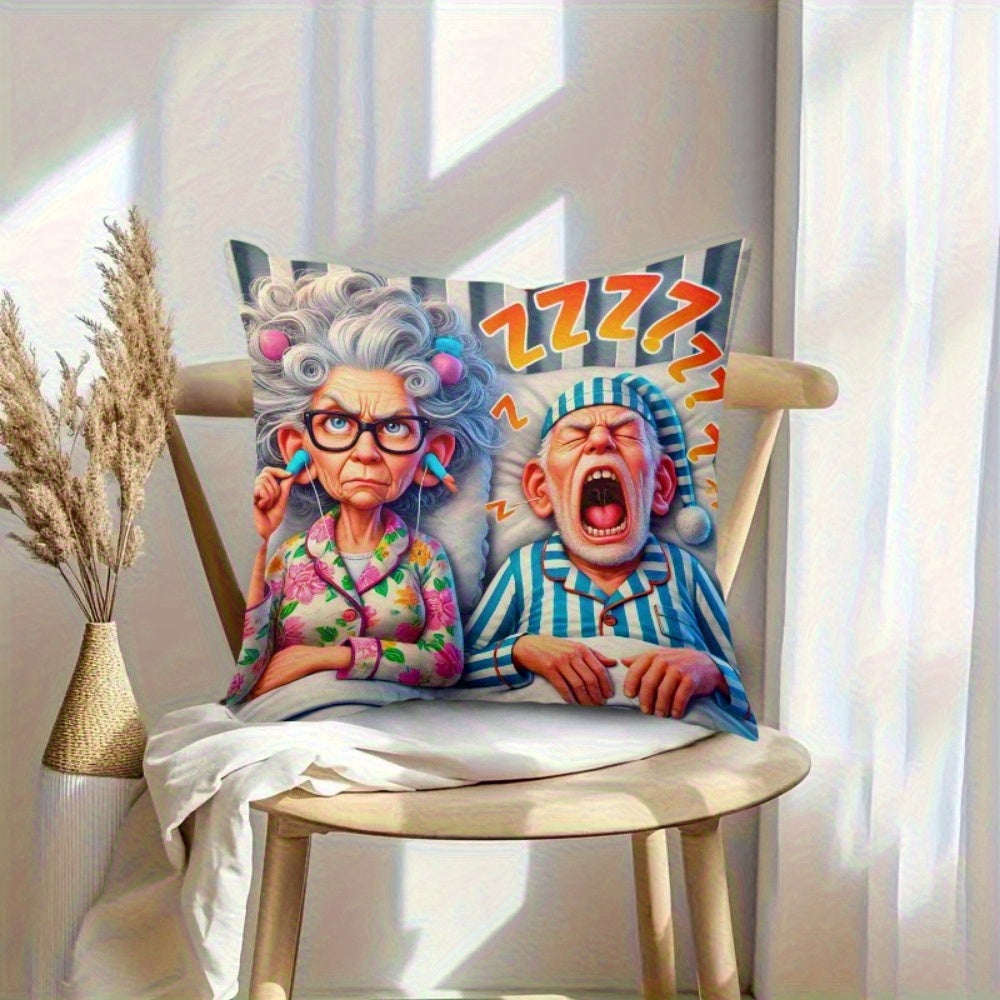 1pc Funny Sleeping Couple Pillowcase - Large 17.7x17.7in (44x44cm) - Zip Closure Cushion Case for Bed, Sofa, Car - Machine Washable Polyester Decor - Funny Housewarming Wedding Gift for Couples - Dorm Living Room Decoration, Humorous Design, Easy