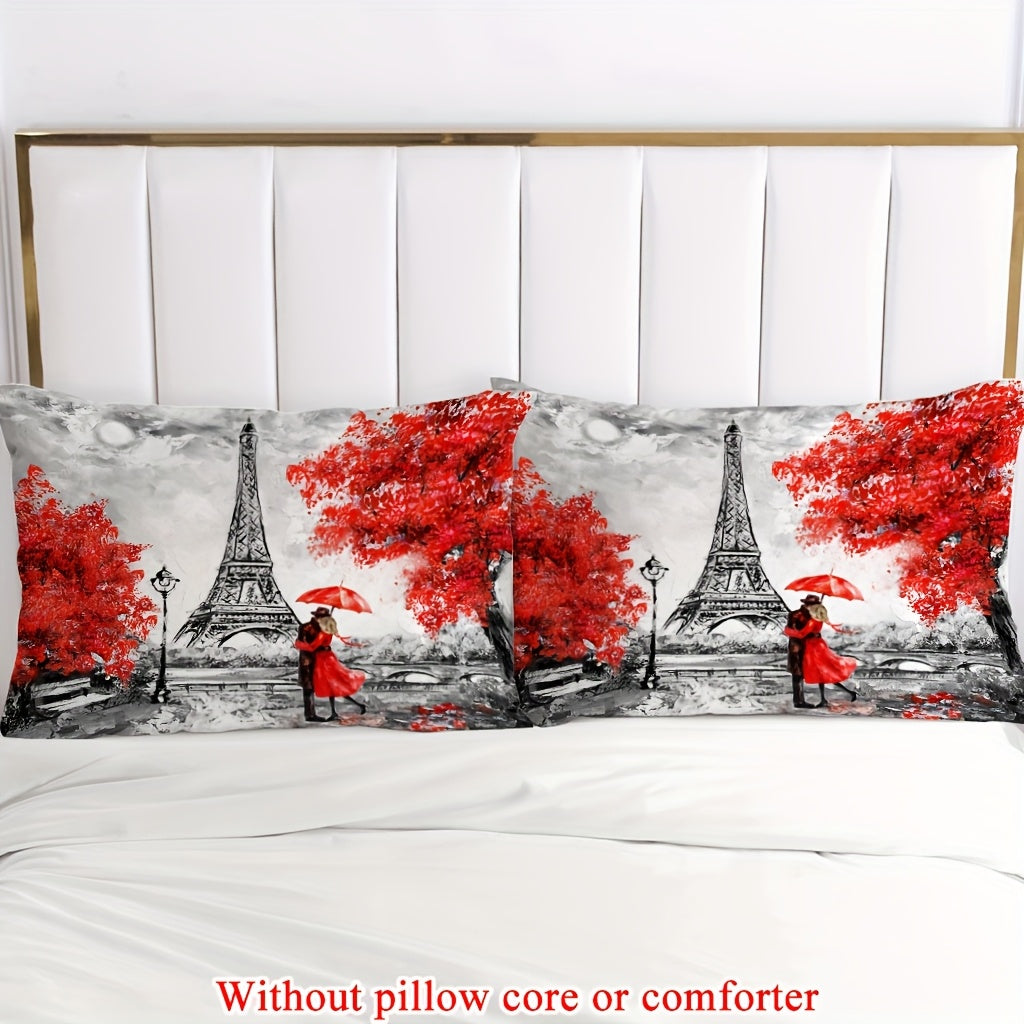 2/3pcs (1 Duvet Cover + 1/2 Pillowcase, Without Core) Red Petals Romantic France Paris Eiffel Tower Valentine'S Day Rainy Romantic Couple Print Soft Comfortable Bedding Set for Bedroom Dorm Room Family Gift